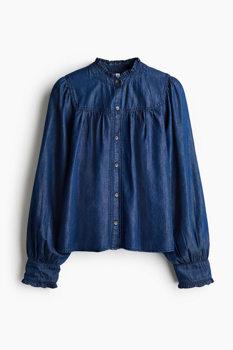 Frill-trimmed denim blouse