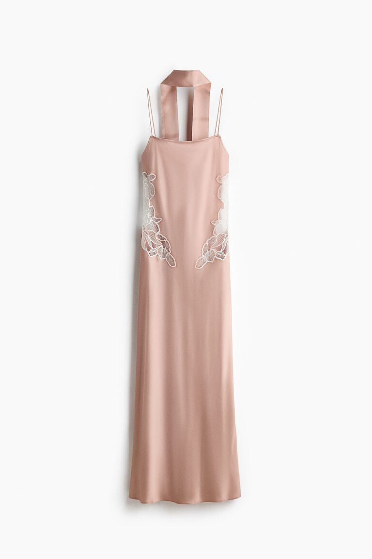 Lace-detail satin dress with scarf