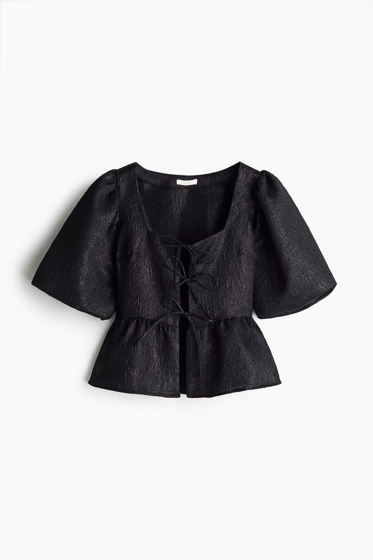 Jacquard-weave tie-front blouse