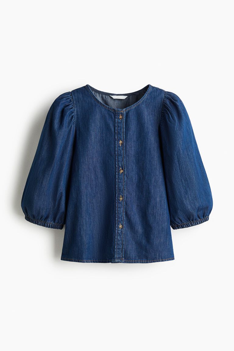 Balloon-sleeved denim blouse