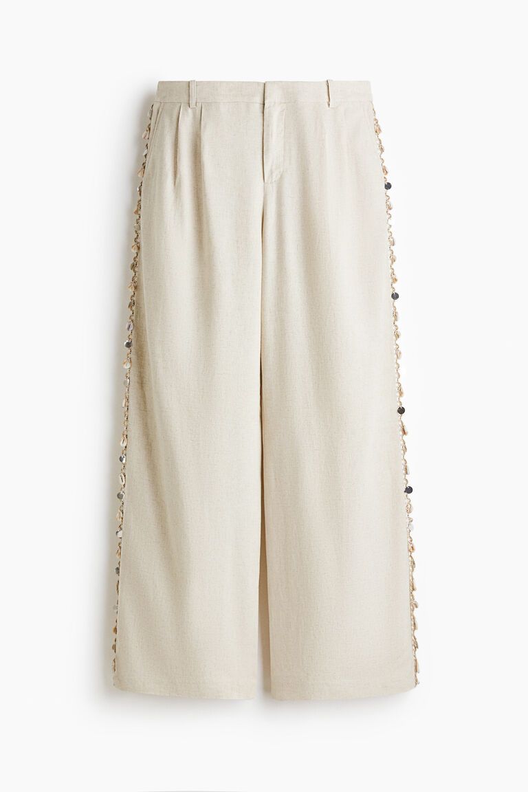 Embellished linen-blend trousers