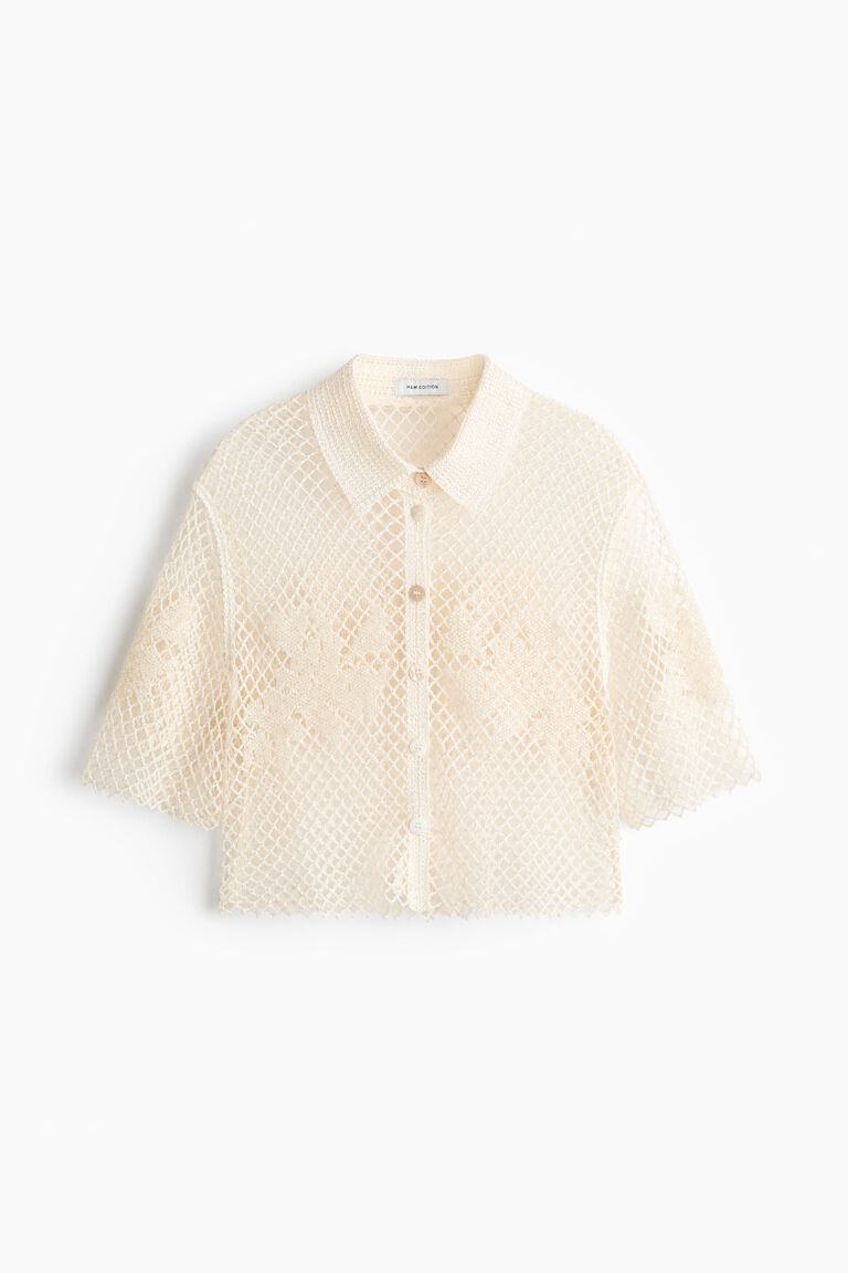 Bead-detail crochet-look shirt