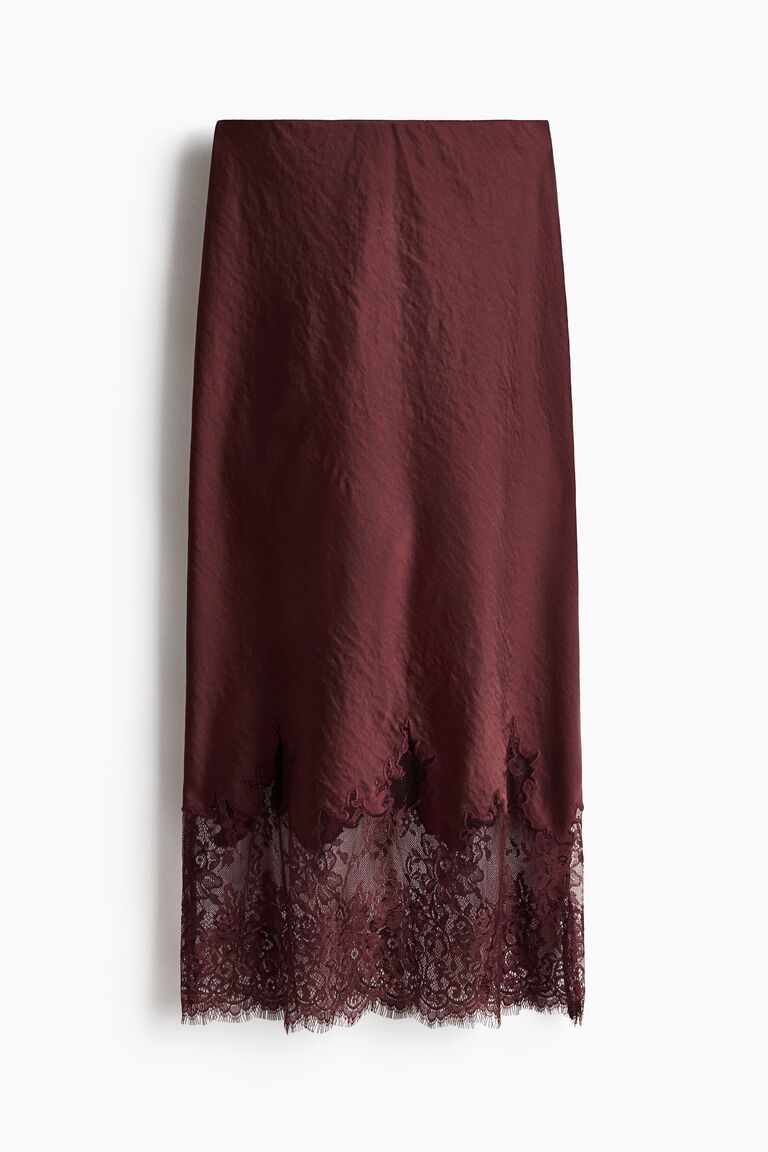 Lace-trimmed satin skirt