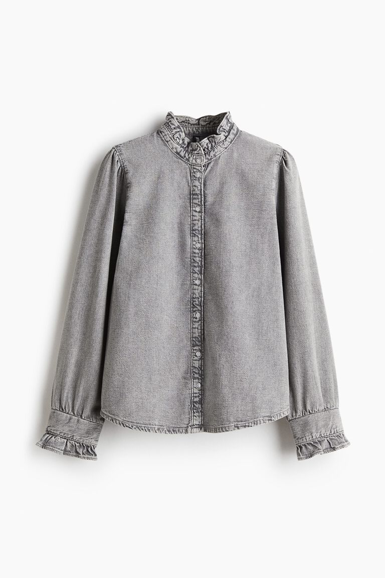 Frill-trimmed denim blouse