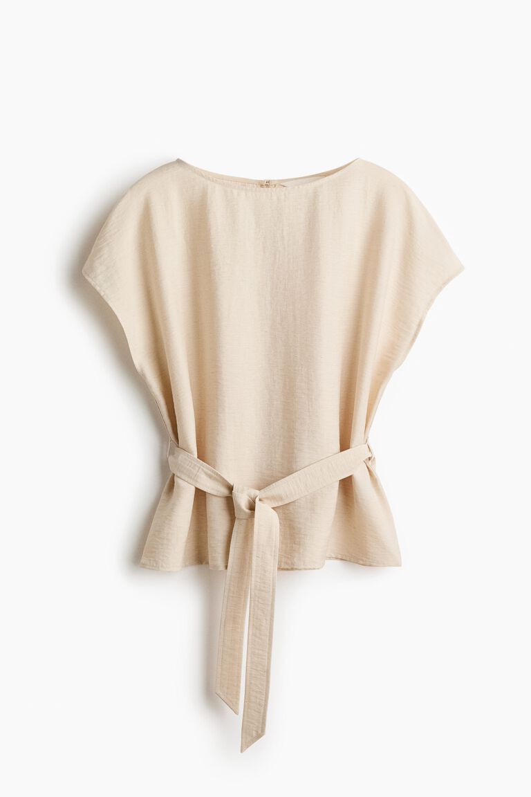 Tie-belt cap-sleeved top