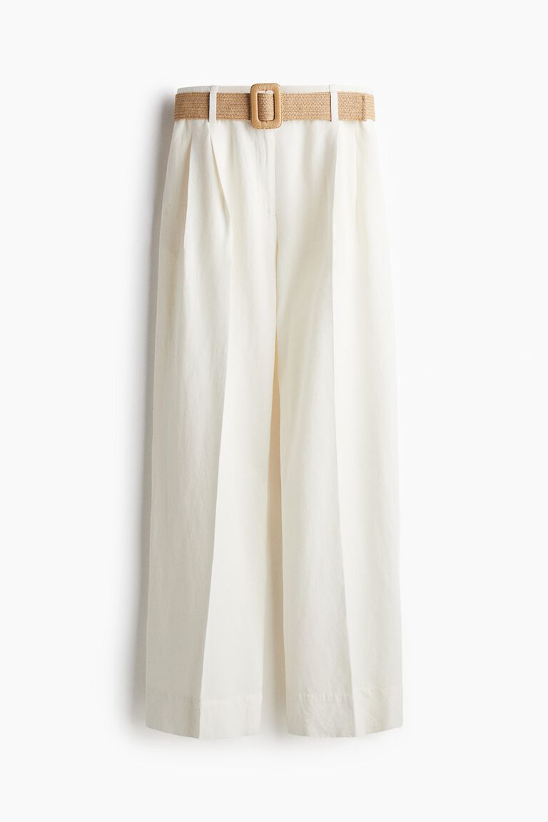 Belted linen-blend trousers
