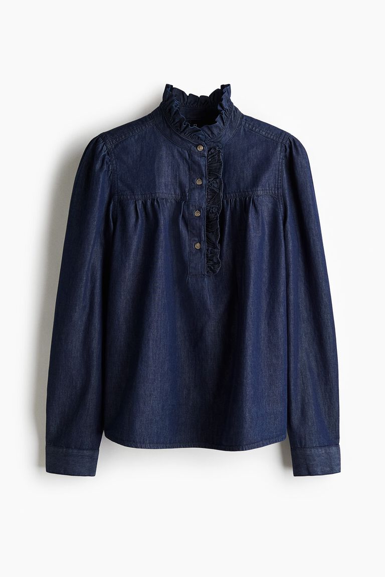 Frill-collared denim blouse