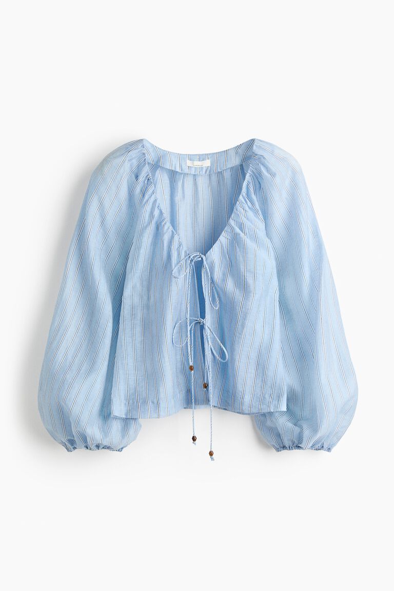 Linen-blend tie-front blouse