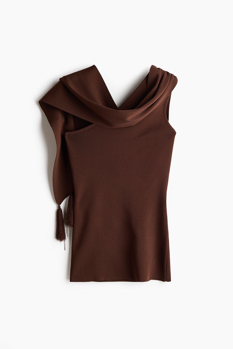 One-shoulder scarf-detail knitted top