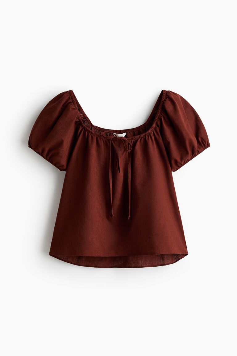 Puff-sleeved linen-blend blouse