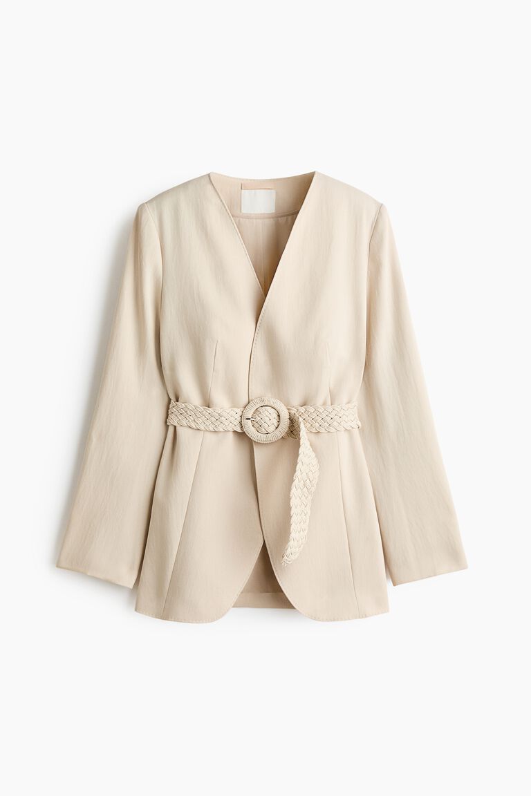 Belted lapelless blazer