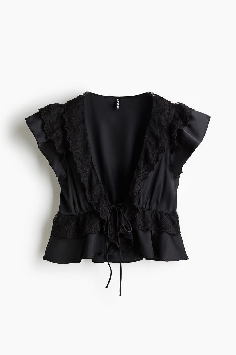 Flounce-trimmed satin blouse