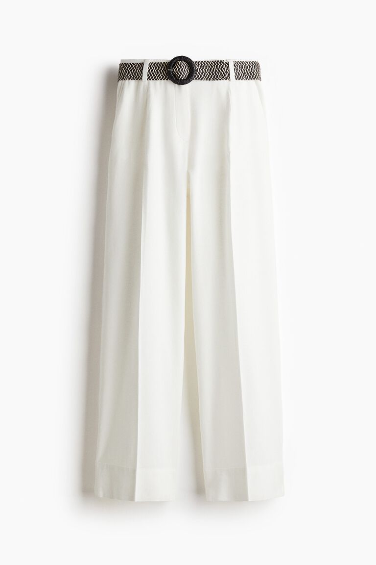 Linen-blend belted trousers