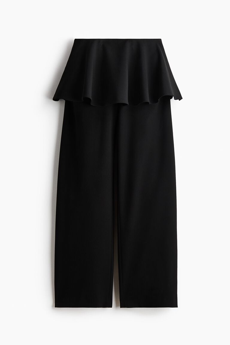 Skirt-layered barrel-leg trousers