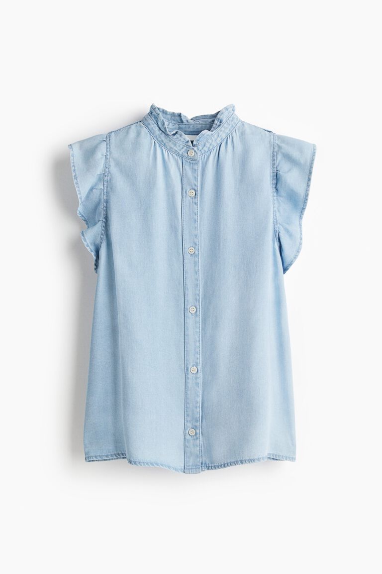 Frill-trimmed denim blouse