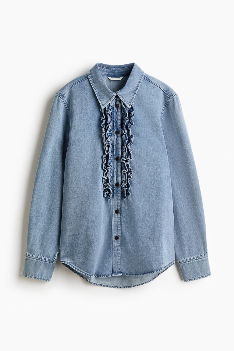 Frill-trimmed denim shirt