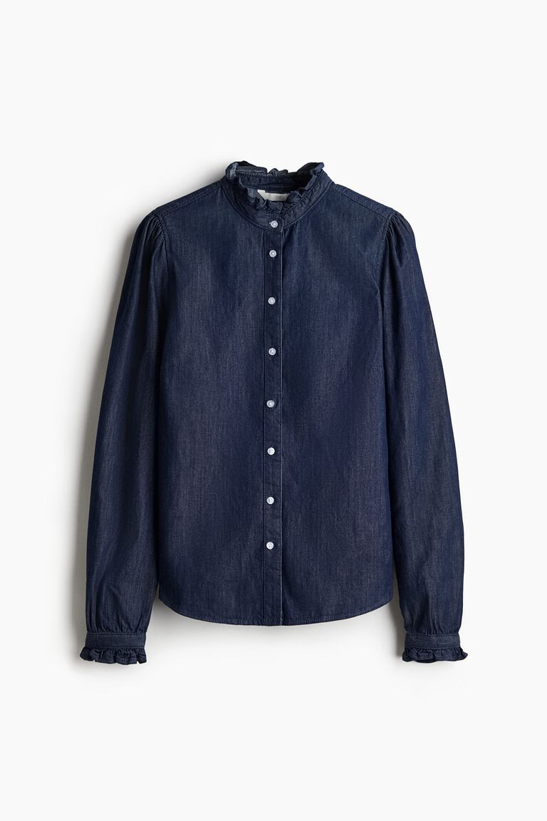 Frill-trimmed denim blouse