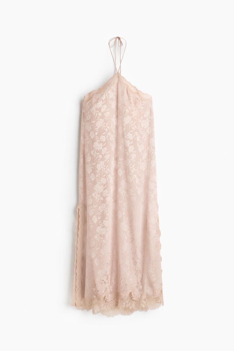 Lace-trimmed brocade dress
