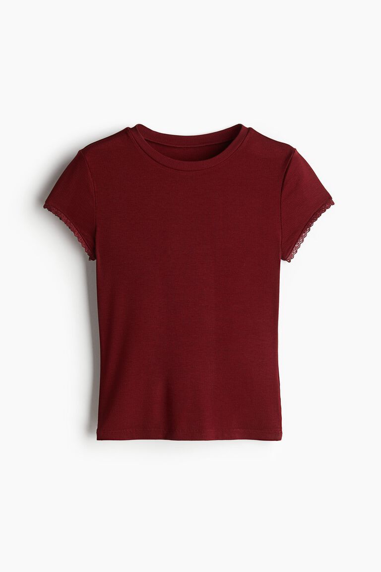 Lace-trimmed ribbed T-shirt