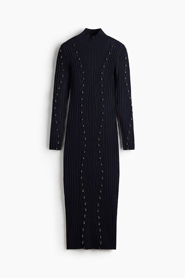 Bead-embellished rib-knit dress
