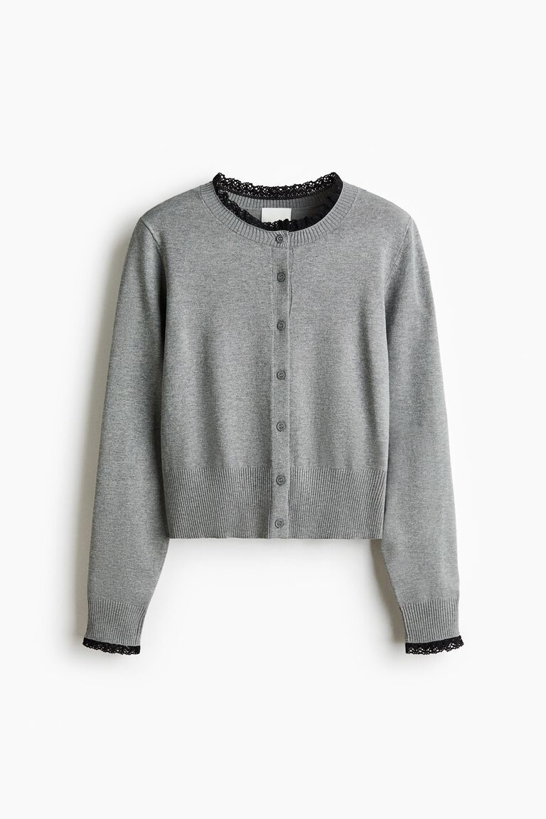 Lace-trimmed fine-knit cardigan