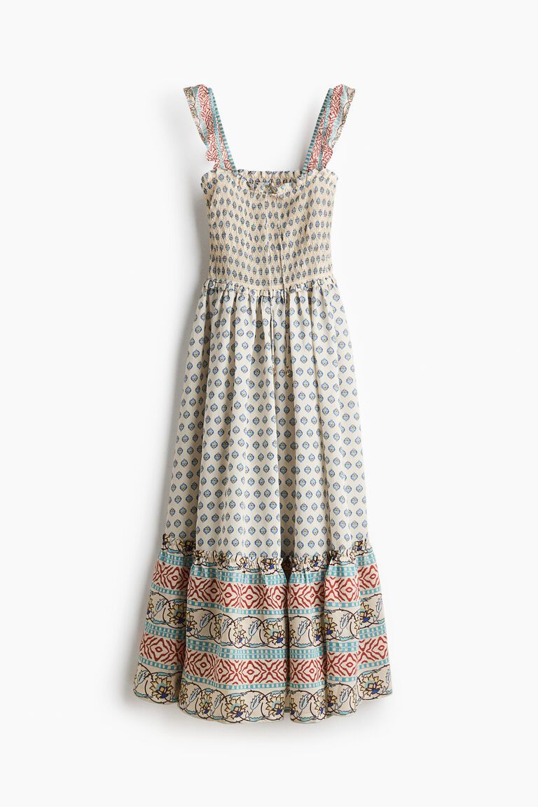 Flared-skirt smocked dress