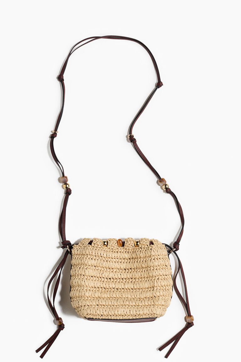 Bead-detail straw crossbody bag