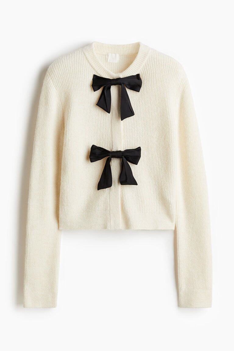 Bow-front rib-knit cardigan