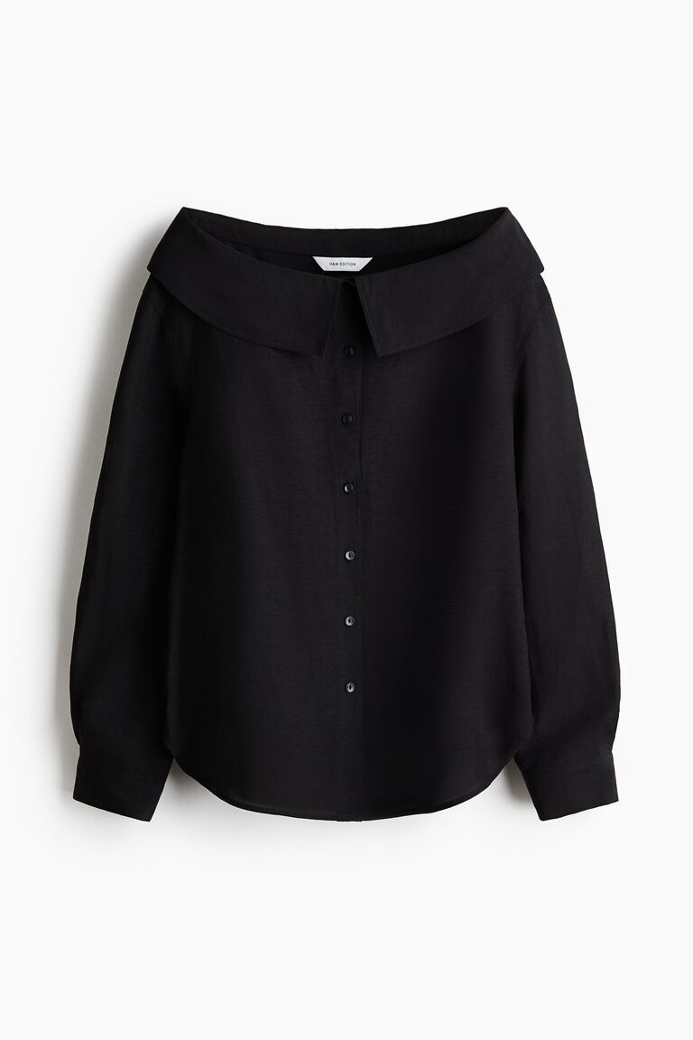 Linen-blend off-the-shoulder shirt