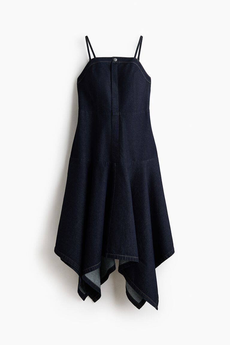 Asymmetric denim strappy dress