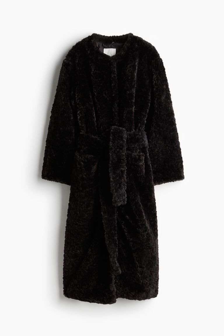 Fluffy tie-belt coat