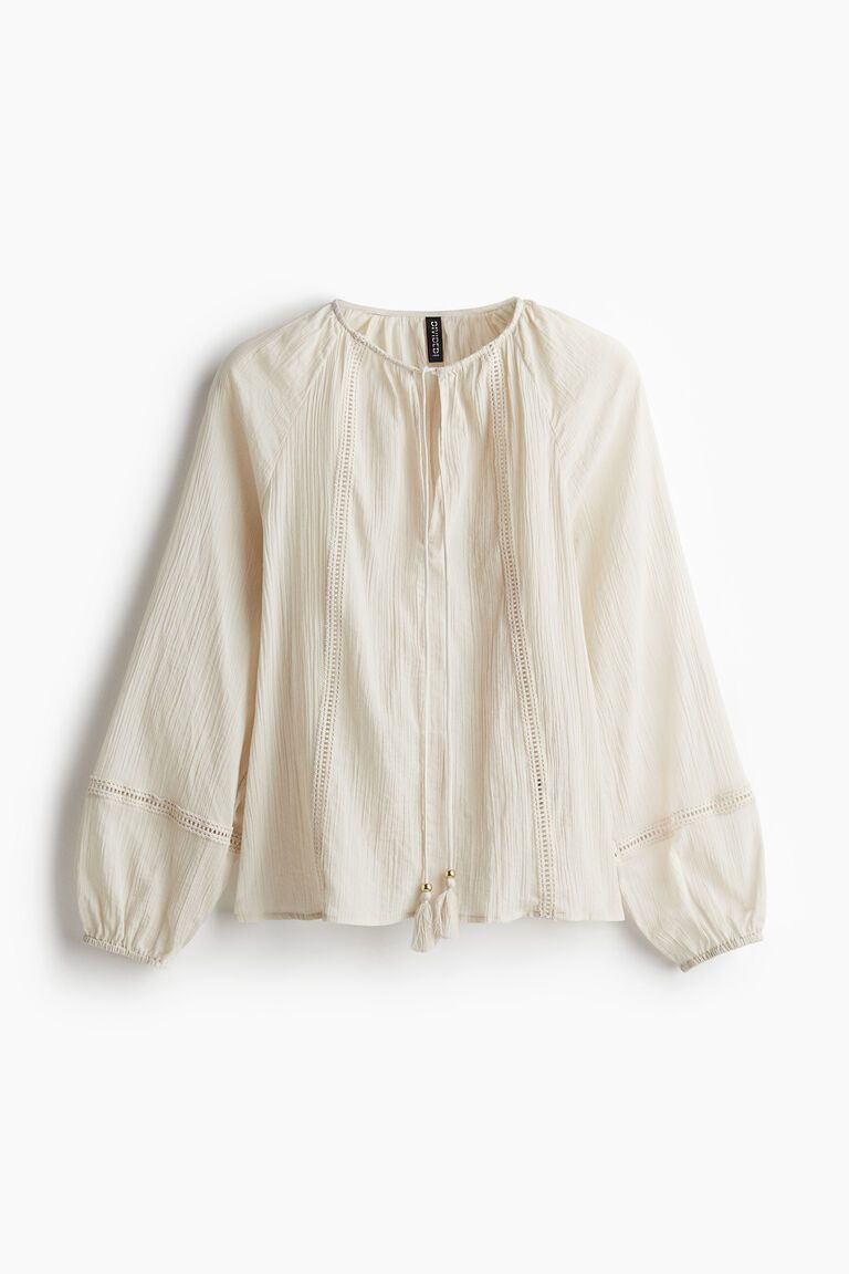 Lace-inset balloon-sleeved blouse