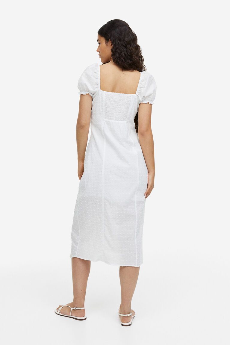 Textured-weave puff-sleeved dress