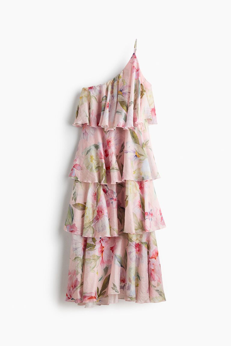 Tiered one-shoulder linen-blend dress
