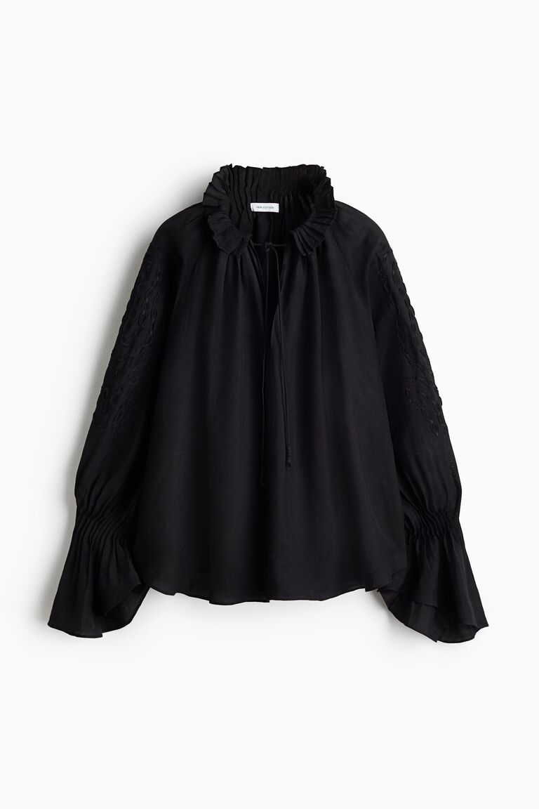 Embroidered linen-blend blouse