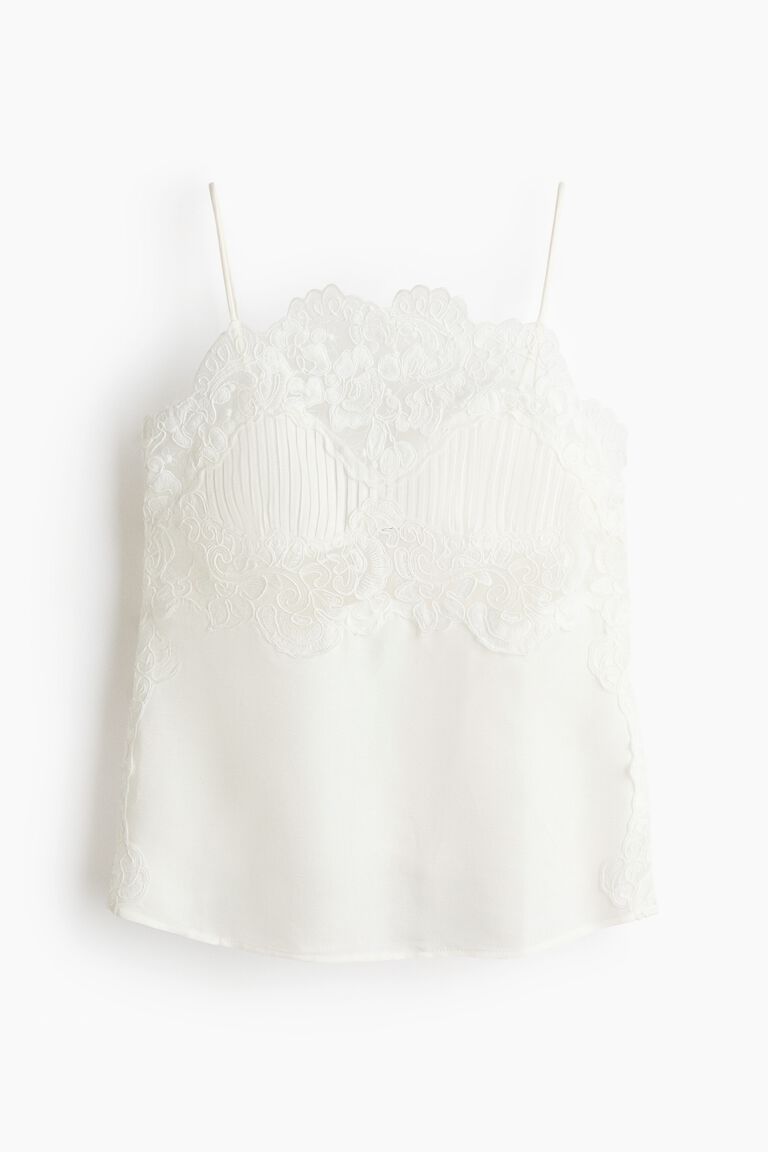 Linen-blend lace-detail top