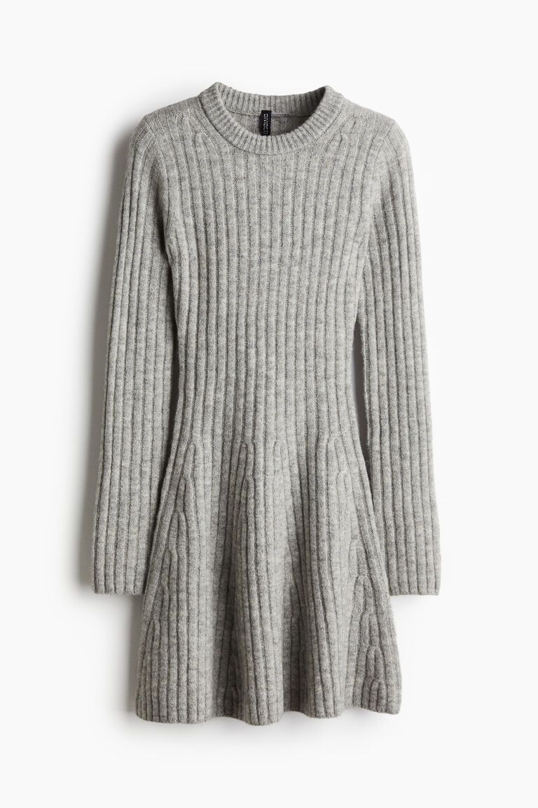 Flared-skirt rib-knit dress
