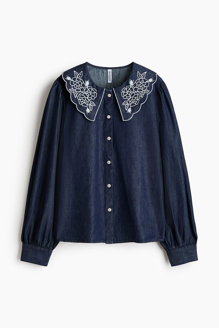 Embroidered-collar denim blouse