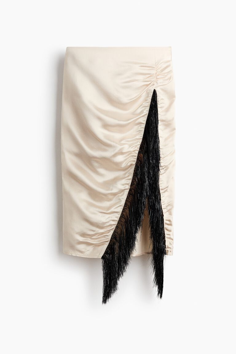Fringe-trimmed satin skirt