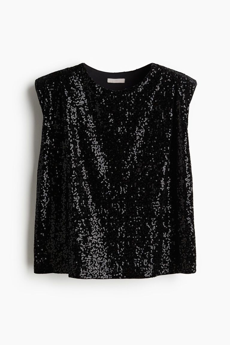Sequined shoulder-pad top
