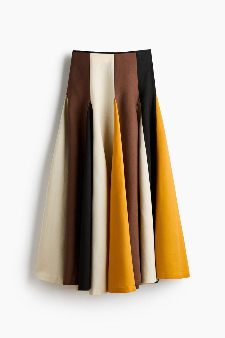 Linen-blend godet-pleated skirt