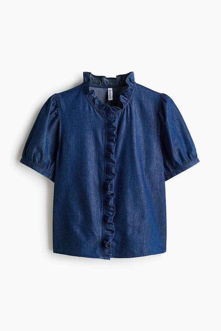 Frill-trimmed denim blouse