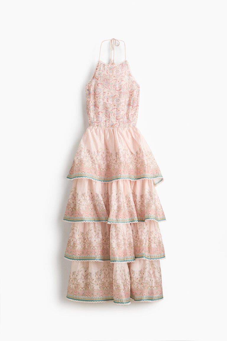 Linen-blend tiered halterneck dress